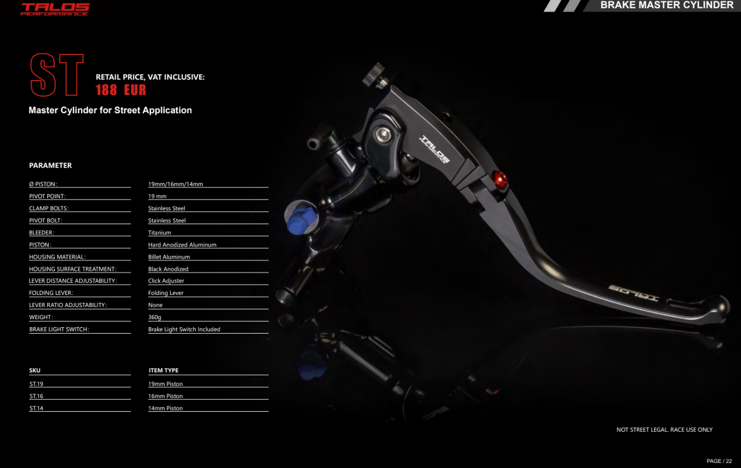 Talos CNC ST Radial Racing Bomba de freno 14mm| ST.14 