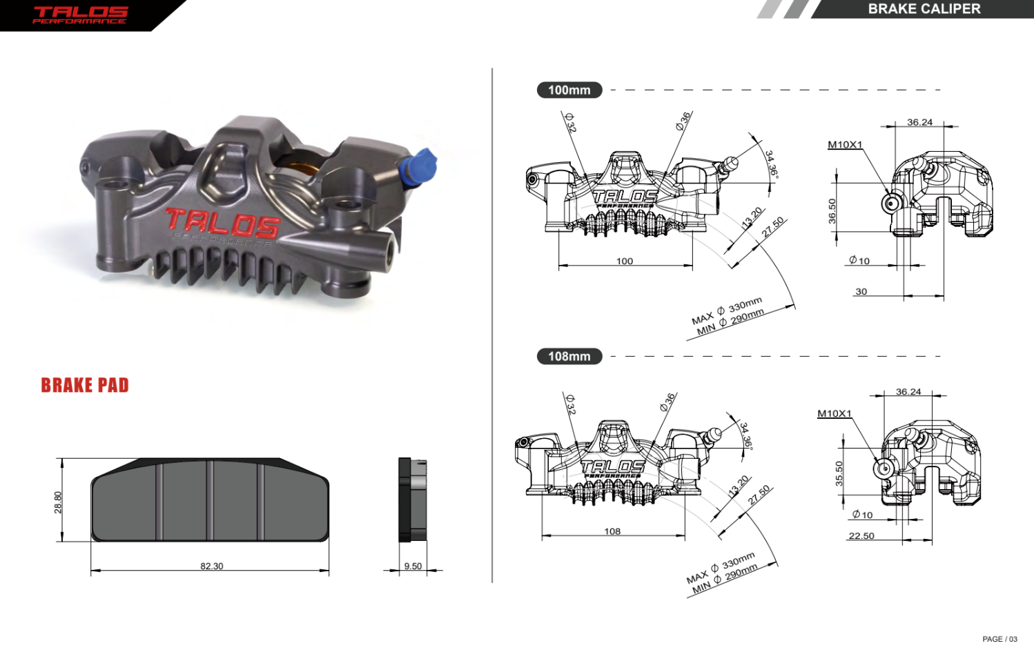 Talos X75 SBK Racing Monoblock P4 32/36 100mm pinza de freno delantera derecha | X75.100.HD.R 