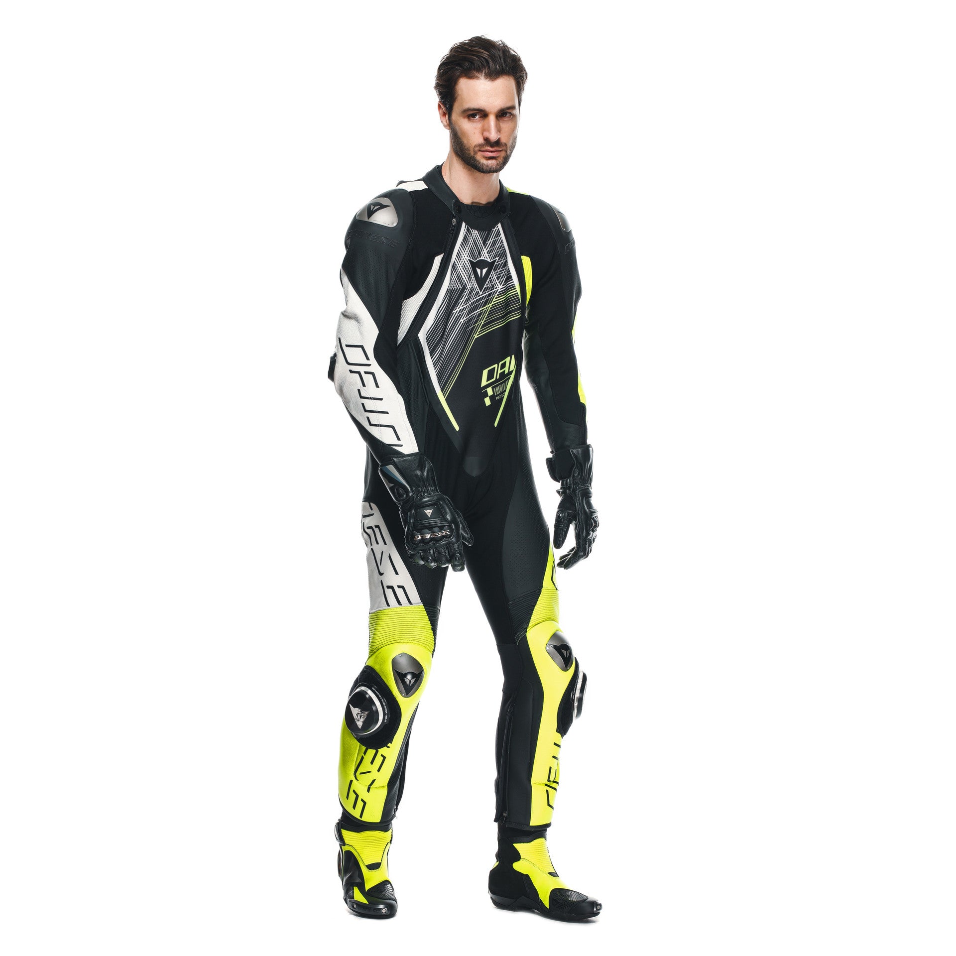 Dainese Audax D-ZIP Mono de cuero – Traje de carreras perforado | Hombre | Negro/Amarillo Neón 
