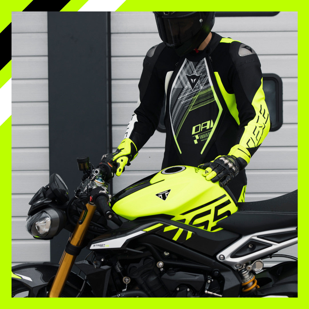 Dainese Audax D-ZIP Mono de cuero – Traje de carreras perforado | Hombre | Negro/Amarillo Neón 