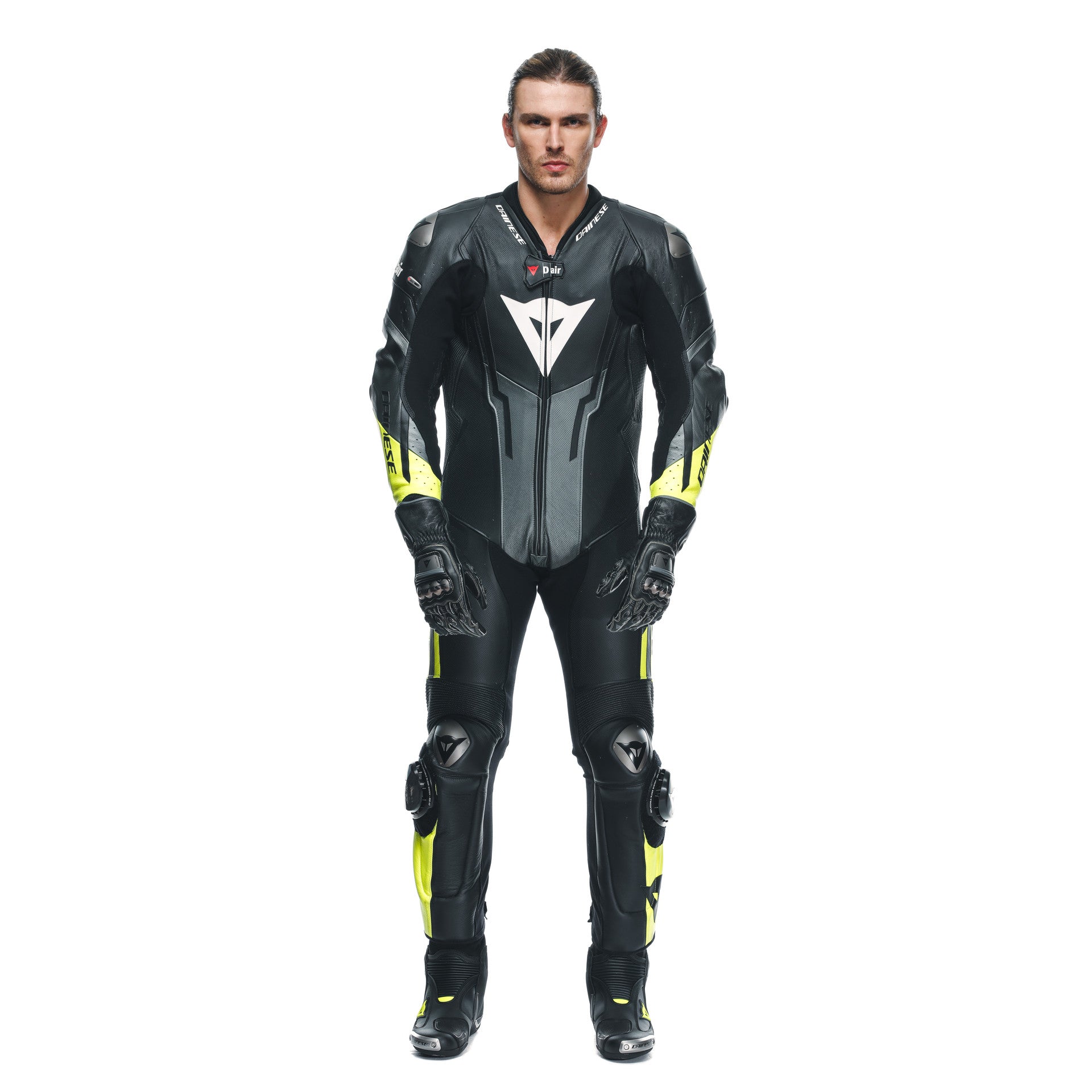 Dainese Misano 3 D-AIR® Mono de cuero – Traje de carreras con airbag perforado | Hombre | Negro/Amarillo neón 