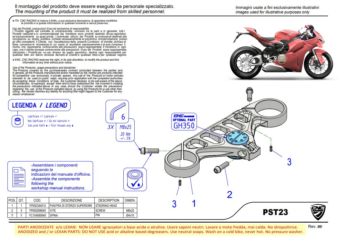 Puente de horquilla (SUPERIOR) Troy Bayliss Edición Limitada CNC Racing Ducati Panigale V4/S (2025) PST23BTB 