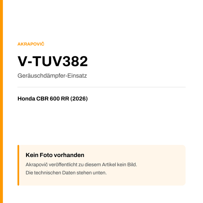 Akrapovic Geräuschdämpfer-Einsatz Honda CBR 600 RR (26-26) V-TUV382 — Platzhalter, kein Herstellerfoto verfügbar