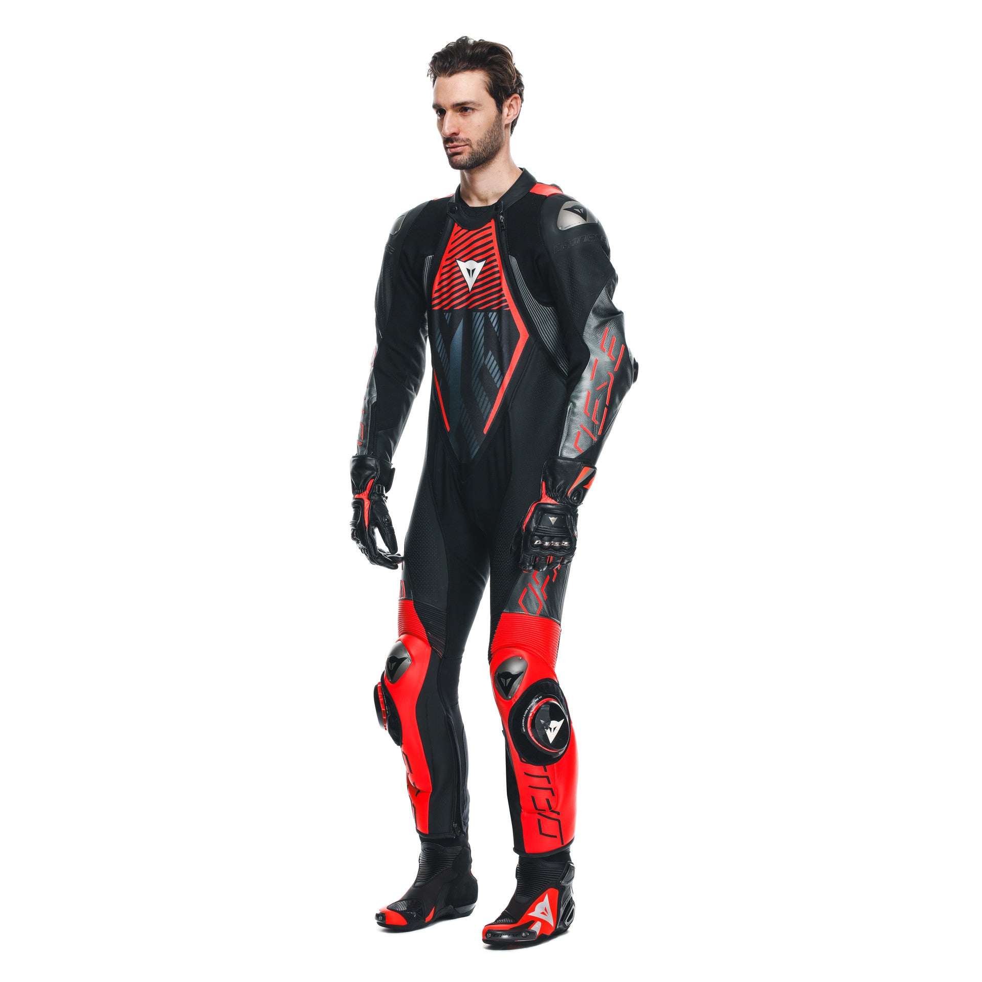 Dainese Audax D-ZIP traje de cuero de una pieza – Mono de carrera perforado | Hombres | Negro/Rojo 