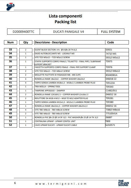 Sistema de escape completo Termignoni de titanio D200 RHT para Ducati Panigale V4/S (18-24) D20009400TTC 