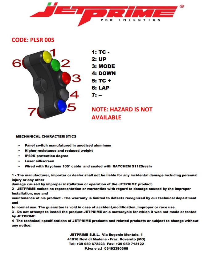 Interruptor de manillar Race izquierdo JetPrime Ducati Panigale 1299/S (15-18) JP PLSR 005 