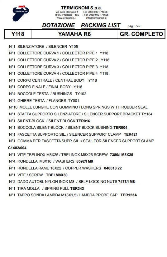 Kit de escape completo Termignoni Titanium Kit-SSP versión Yamaha YZF-R6 (06-25) Y11810200TCC 