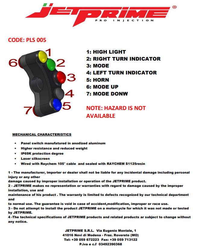 Interruptor de manillar Street izquierdo JetPrime Ducati Panigale 899 (13-16) JP PLS 005 