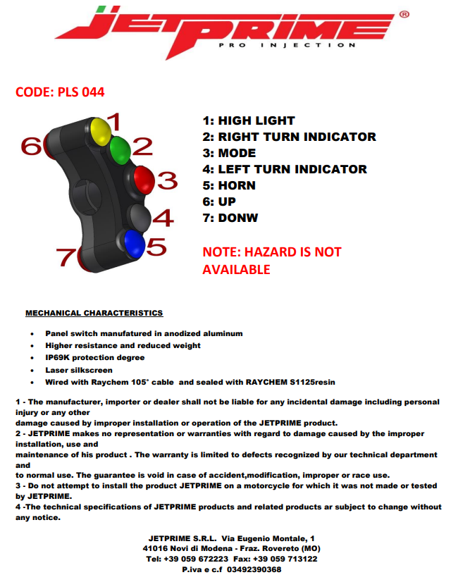 Interruptor de manillar izquierdo JetPrime para Kawasaki ZX-6R/636/RR (19-22) JP PLS 044 