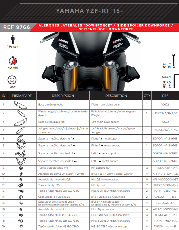 Alas Puig Spoiler Downforce Yamaha YZF-R1/M RN32 RN49 (15-19) 9766 