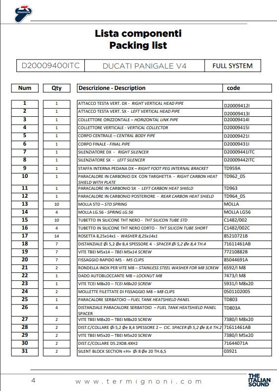 Sistema de escape completo de acero inoxidable Termignoni D200 RHT para Ducati Panigale V4 R (19-24) D20009400ITC 