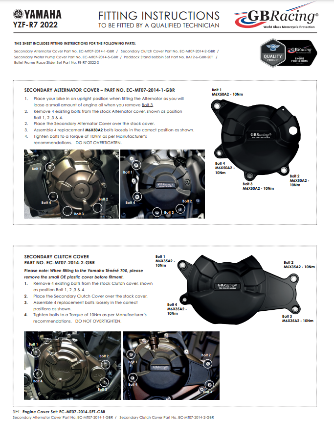 Cubierta del motor Protectores Juego completo GBRacing Yamaha YZF-R7 (22-25) 